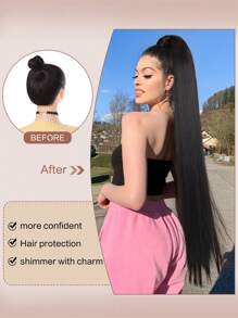 Synthetic Long Straight Black Ponytail Extension Clip in Ponytail Extension Wrap Around Long Straight Hook-and-loop Fastener Pony Tail Hair - Black - View 6