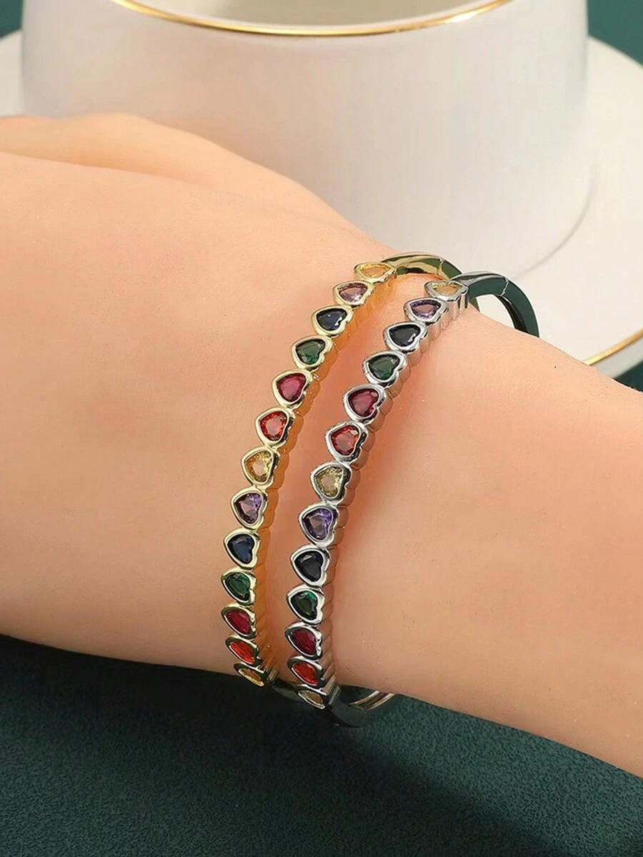 1個時尚方形氧化鋯心形手鏈,創意、多功能女士配飾,銅鑲嵌,適合宴會和禮品