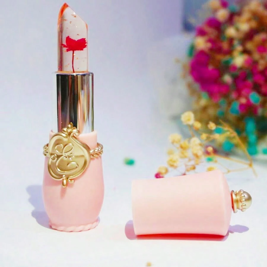 1支果凍半透明花朵圖案變溫口紅,不沾杯配方,內含乾燥花 - 紅色 - 查看 1