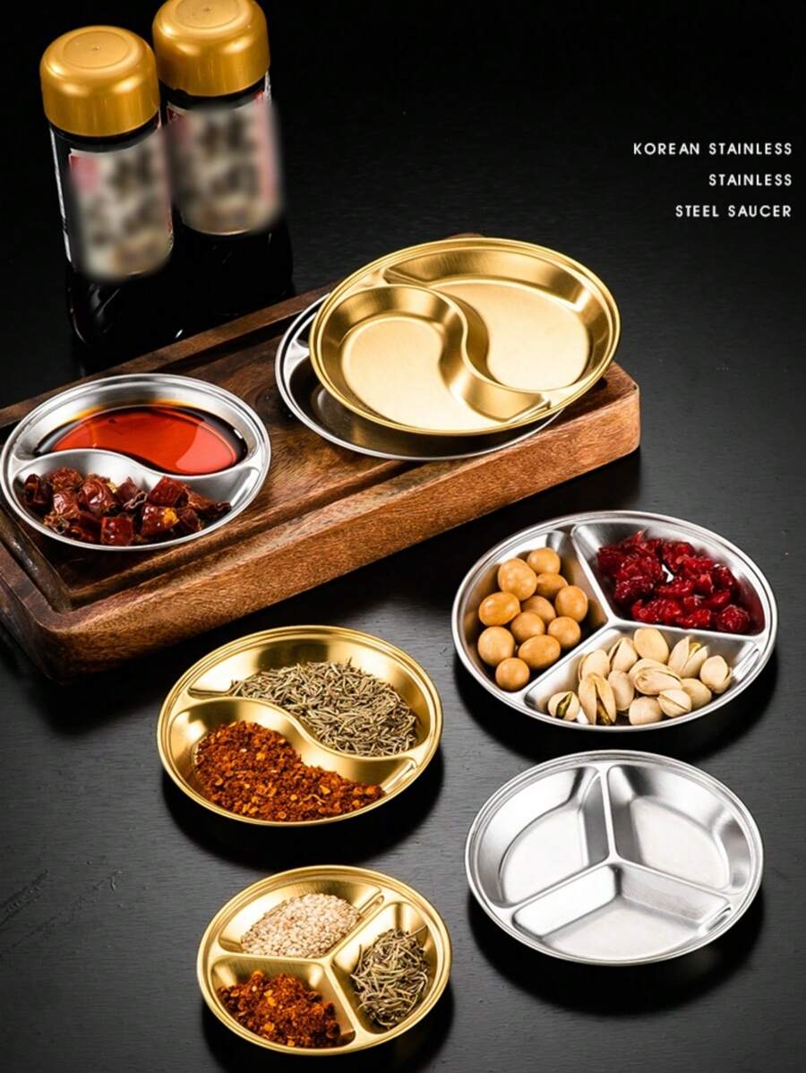 不鏽鋼小圓形調味碟,適用於調味汁、醋、小吃,帶有隔板 - 金色 - 查看 1