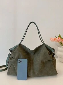 Bolso Tote De Moda De Pu Monocromático Portátil Con Cierre De Cremallera, Adecuado Para Uso Diario De Mujeres (1 Unidad) - Verde - Ver 2
