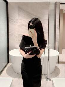 Túi buổi tối bằng vải satin tinh tế của Moonlit EveBag có trang trí bằng kim cương giả, túi ly hợp, túi dự tiệc, túi vũ hội, túi xách dây xích - màu đen - Xem 6