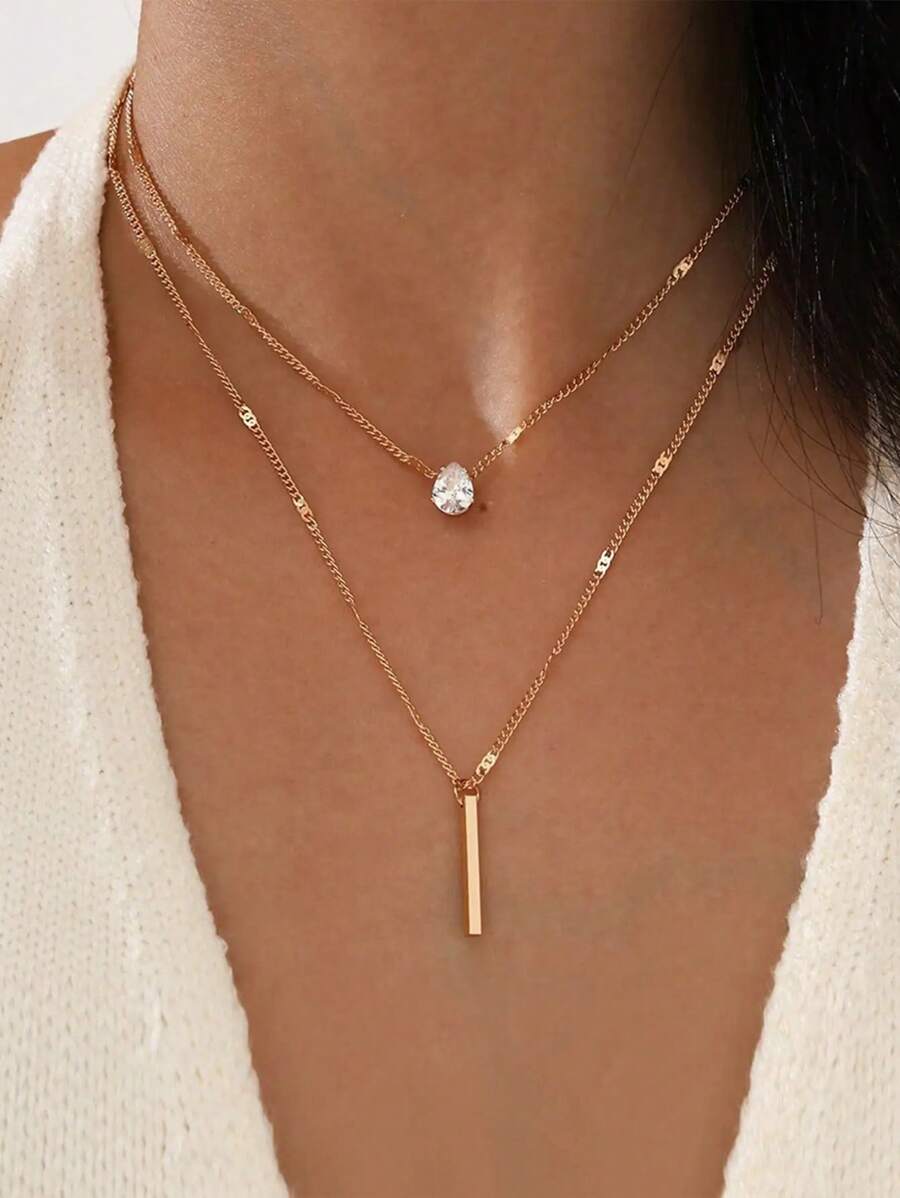 Personalized And Fashionable Double-Layered Drop-Shaped Small Diamond Long Tassel Pendant Necklace Set Of Two - Yellow Gold - View 1