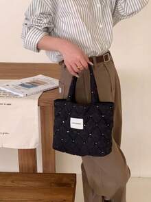 日式毛绒手提包，心形午餐包，大容量学生手提包 - 黑色 - 查看 4