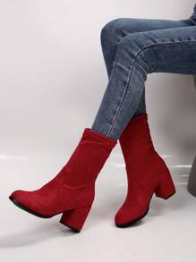 1 双女士经典流行休闲时尚柔软舒适百搭粗跟绒面革一脚蹬靴 - 紅色 - 查看 3
