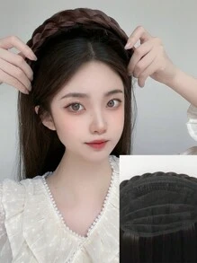 女性假髮長髮扭曲辮子假髮頭帶高顱頂一體式假髮半頭套頭套直髮一套(棕黑色) - Black-brown - 查看 6