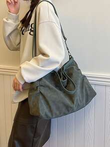 Bolso Tote De Moda De Pu Monocromático Portátil Con Cierre De Cremallera, Adecuado Para Uso Diario De Mujeres (1 Unidad) - Verde - Ver 5