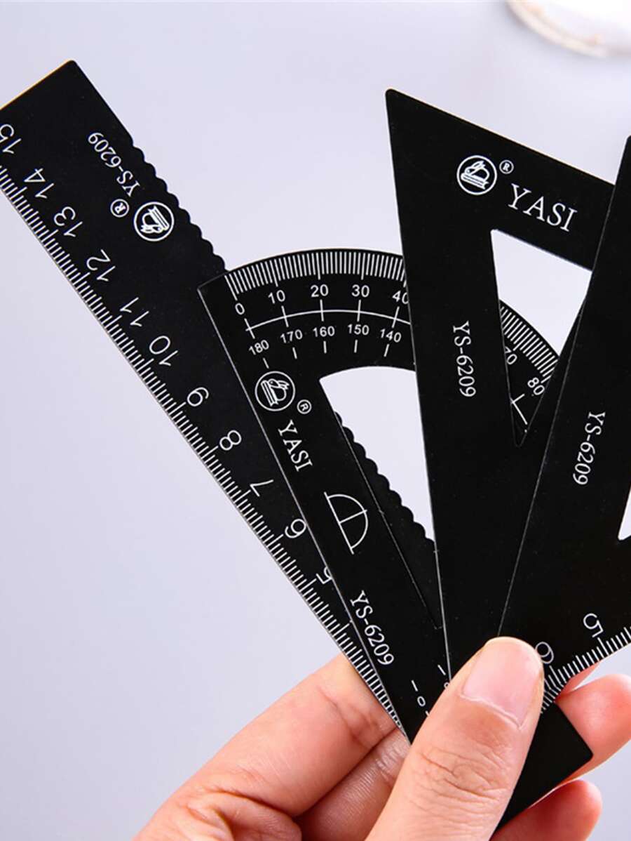 1 Box Of 4 Metal Black Minimalist Ruler Set Straight Ruler Triangle Ruler Student Office Usable Protractor Triangle Ruler,Rulers - Black - View 1