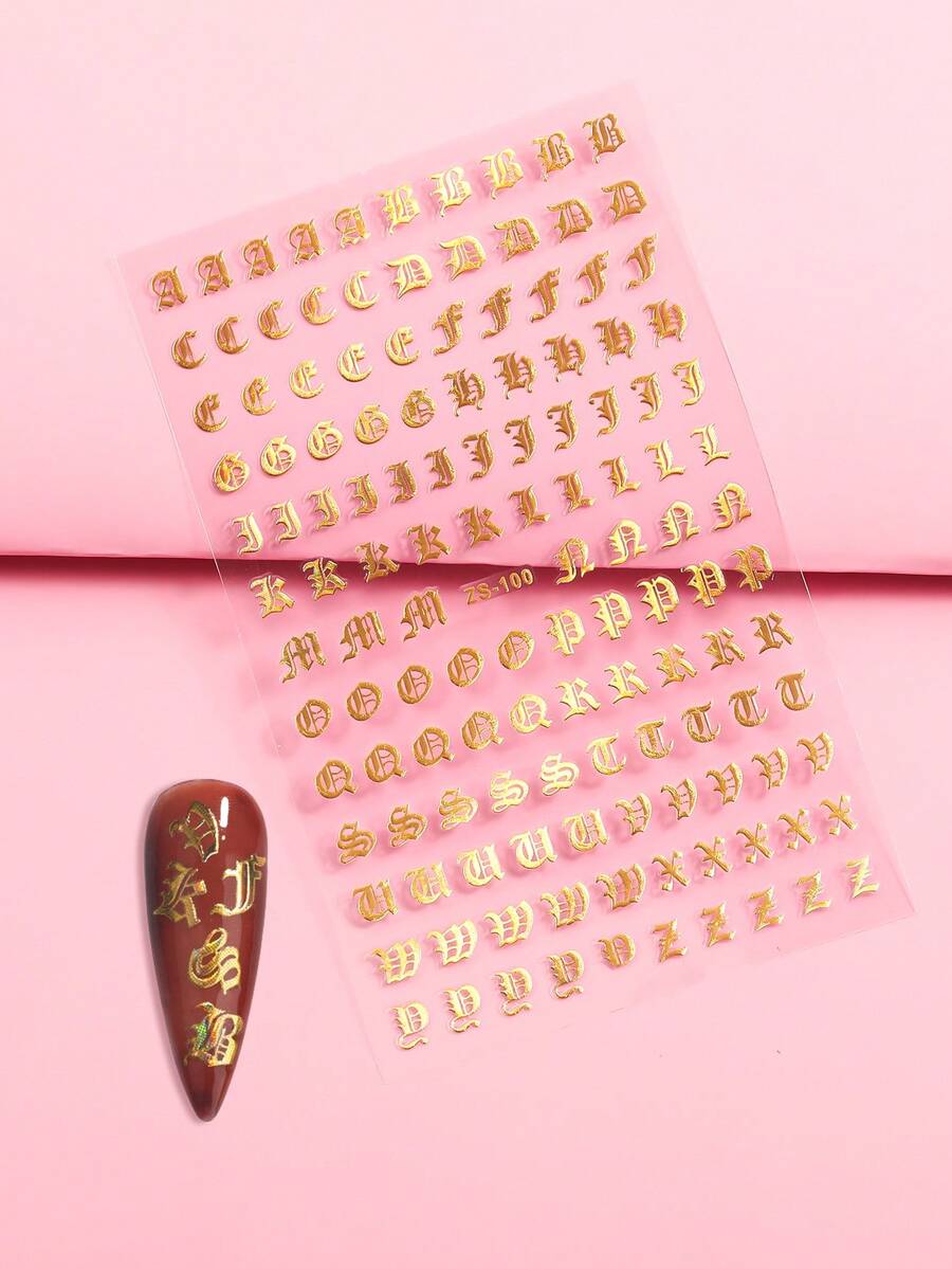 1pc 3D Laser Gold Gothic Letters Nail Art Sticker Nail Decoration - Gold - View 1