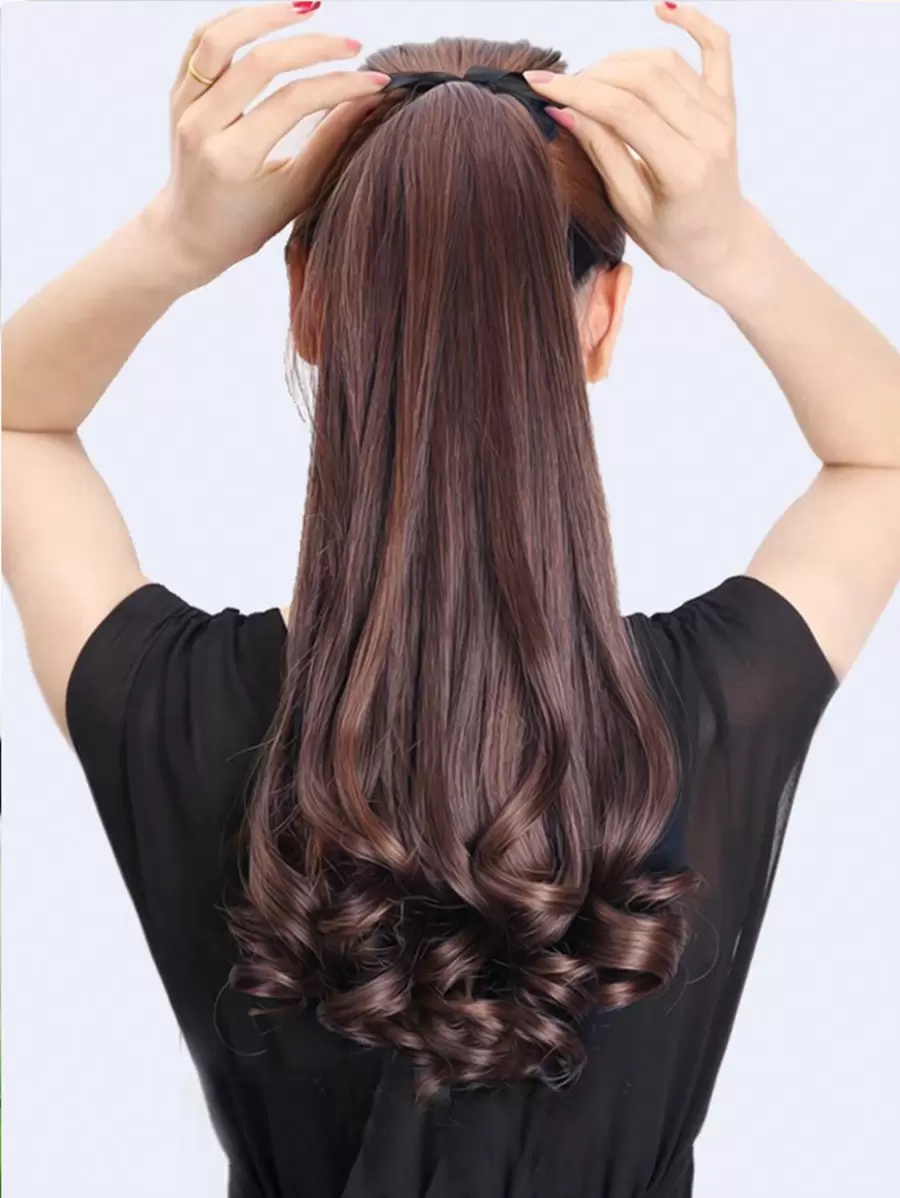 1入組扣在頭上的大波浪中長梨形染髮假馬尾辮(深棕色) - Dark Brown - 查看 1
