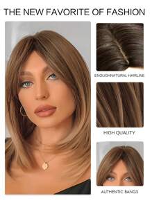 渐变棕色中长直发假发，带刘海，女士合成假发，时尚百搭，可搭配耐热天然头发，适合日常角色扮演派对 - 漸層 - 查看 6