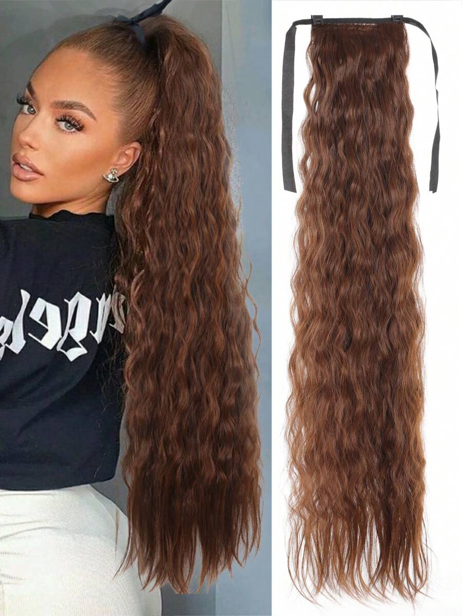 Banda De Pelo Sintético De 36 Pulgadas, Clip De Cola De Caballo Ondulado De Maíz Largo Y Rizado Con Envoltura De Extensión De Cabello Marrón