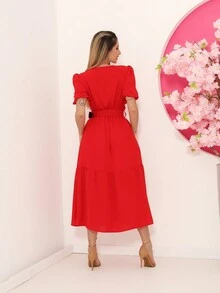 vestido longo feminino de duna com manga curta V3013 - Vermelho - Visão 2