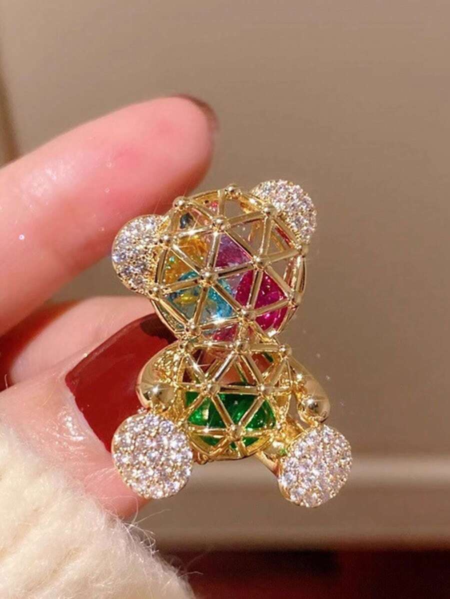 1pc Fashionable Cartoon Rhinestone Bear Brooch, Versatile Accessory For Women - Bear - View 1
