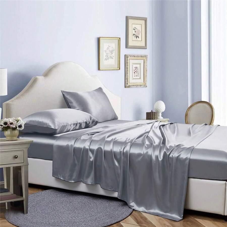 Bibb Home Silky Satin 4 Piece Sheet Set - 淺灰色 - 查看 1