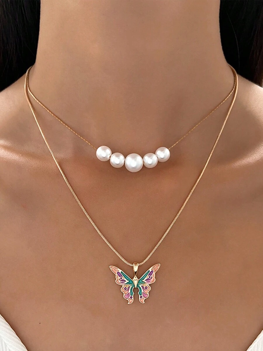 1 Pieza Collar De Mariposa Con Perlas De Doble Capa Con Estilo De Princesa Para Accesorios De Mujeres - Amarillo Oro - Ver 1