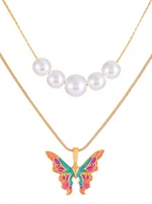 1 Pieza Collar De Mariposa Con Perlas De Doble Capa Con Estilo De Princesa Para Accesorios De Mujeres - Amarillo Oro - Ver 5