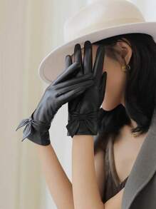 1 双女士触摸屏时尚皮手套，带保暖内衬，防风，防水，非常适合驾驶、休闲外出、秋冬季派对蝴蝶结 - 黑色 - 查看 8