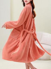 1件柔軟吸水,鳳梨圖案,立領珊瑚絨浴袍,家居服,睡衣 - 珊瑚橙 - 查看 3