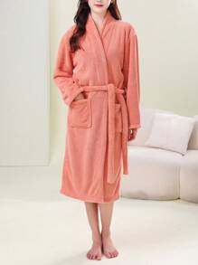 1件柔軟吸水,鳳梨圖案,立領珊瑚絨浴袍,家居服,睡衣 - 珊瑚橙 - 查看 5