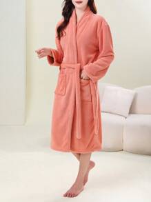 1件柔軟吸水,鳳梨圖案,立領珊瑚絨浴袍,家居服,睡衣 - 珊瑚橙 - 查看 6