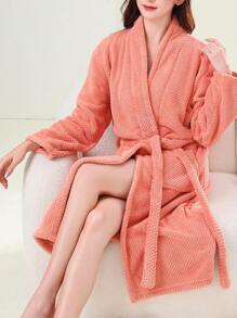 1件柔軟吸水,鳳梨圖案,立領珊瑚絨浴袍,家居服,睡衣 - 珊瑚橙 - 查看 1