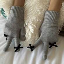 1 đôi găng tay dệt kim đơn giản, thanh lịch kiểu nơ dành cho nữ, có chức năng cảm ứng màn hình, thích hợp cho hoạt động ngoài trời, đạp xe, mùa thu đông. - Xám - Xem 2