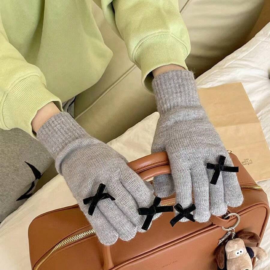1 đôi găng tay dệt kim đơn giản, thanh lịch kiểu nơ dành cho nữ, có chức năng cảm ứng màn hình, thích hợp cho hoạt động ngoài trời, đạp xe, mùa thu đông. - Xám - Xem 1