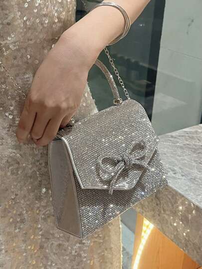 Modisch, elegant, Damen Abendtasche, Umhängetasche, Schleife, Strass Verzierungen, funkelnd, glänzende Strassbesätze. Geeignet für Partys, Veranstaltungen, Hochzeiten, Tänze, Abendessen und Dates. Goldene Tasche, silberne Tasche, Abendtasche.