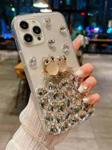 1pc Handmade Transparent Tpu Phone Case With Diamond-encrusted Owl Pattern, Half Full Drill, Compatible With Iphone - Clear - View 4