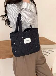 日式毛绒手提包，心形午餐包，大容量学生手提包 - 黑色 - 查看 2