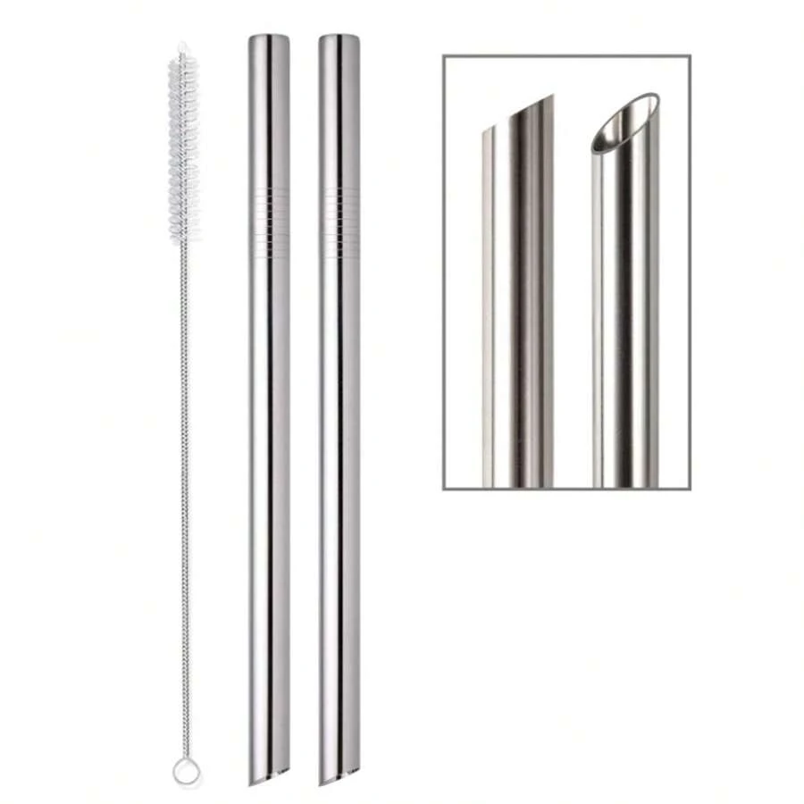 2pcs Reusable Extra Large Boba & Smoothie Straw, 0.5" Wide Stainless Steel Drinking Straw For Bubble Tea, Milkshakes, Slushes | 1pc Cleaning Brush Christmas Gift,School Supplies - Silver - View 1