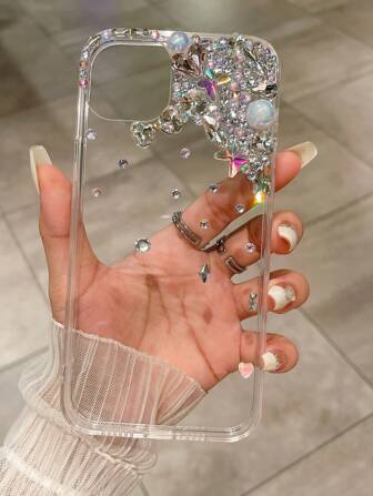 Summer 1pc Translucent Tpu Phone Case Handmade With Colorful Rhinestone, Pearl Decoration Compatible With IPhone Drop Protection Clear Phone Case Waterproof Shockproof Anti-Fall Scratch Resistant