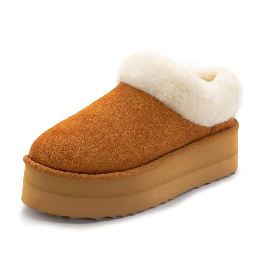 Women's Fuzzy Platform Slippers Warm Cozy Indoor Outdoor Fur Lined Clog Slippers - 紫紅色 - 查看 1