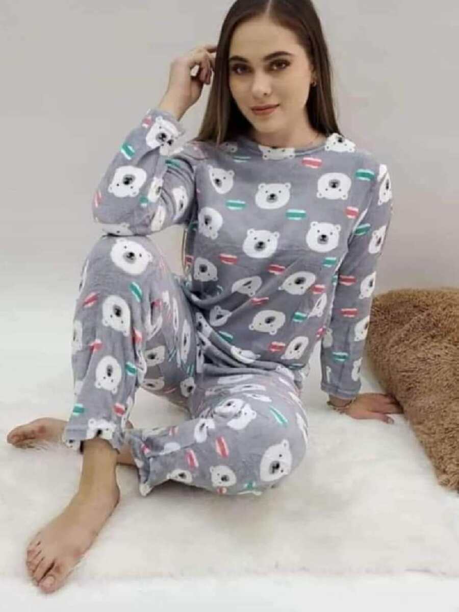 Pijama Polar Peluche Conjunto - Gris - Ver 1