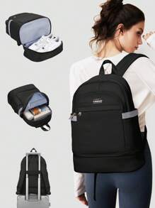 大容量可折疊尼龍布防水運動旅行電腦雙肩包帶鞋格,防偷休閒背包帶多口袋適合男人及女人 - 黑色 - 查看 1