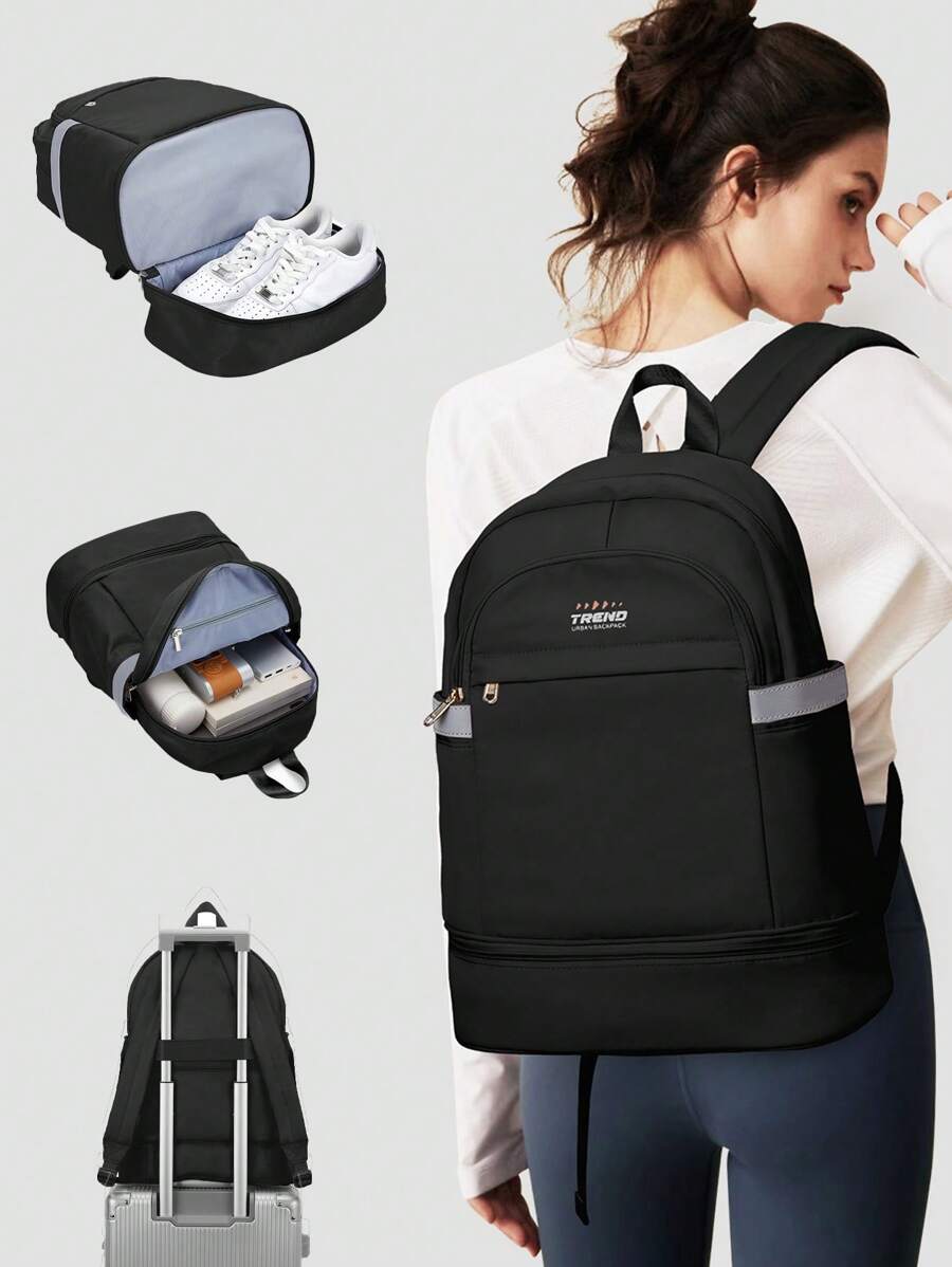 大容量可折疊尼龍布防水運動旅行電腦雙肩包帶鞋格,防偷休閒背包帶多口袋適合男人及女人 - 黑色 - 查看 1