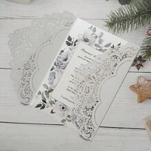 10套激光切割婚禮邀請卡,帶信封,空白紙張和珍珠絲帶 - 彩色 - 查看 3