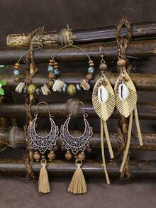 HANQI 3pairs/Set Bohemian & Vintage Style Geometric Shape Alloy Handmade Weaving Tassel Earrings Combination For Women, Suitable For Daily Life, Work, Street Shooting And Photography To Show Unique Elegant - Multicolor - View 6