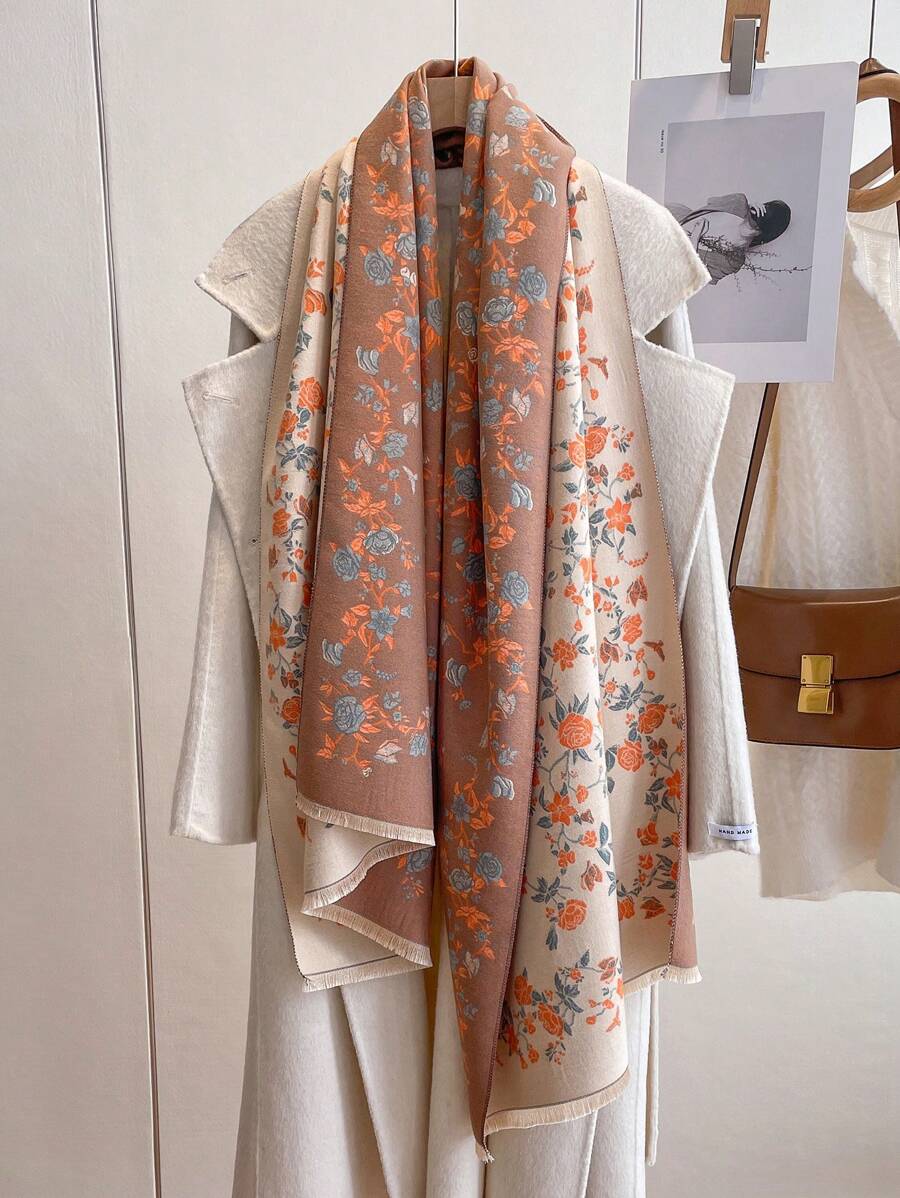 1 件优雅花卉植物图案提花仿羊绒保暖围巾/披肩，百搭女士款，适合秋冬季，日常搭配和装饰 - 彩色 - 查看 1