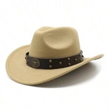 Cowboy Hat Fashion Chic Unisex Solid Color Jazz Hat With Bull Shaped Decor Western Cowboy Hats - Camel - View 1
