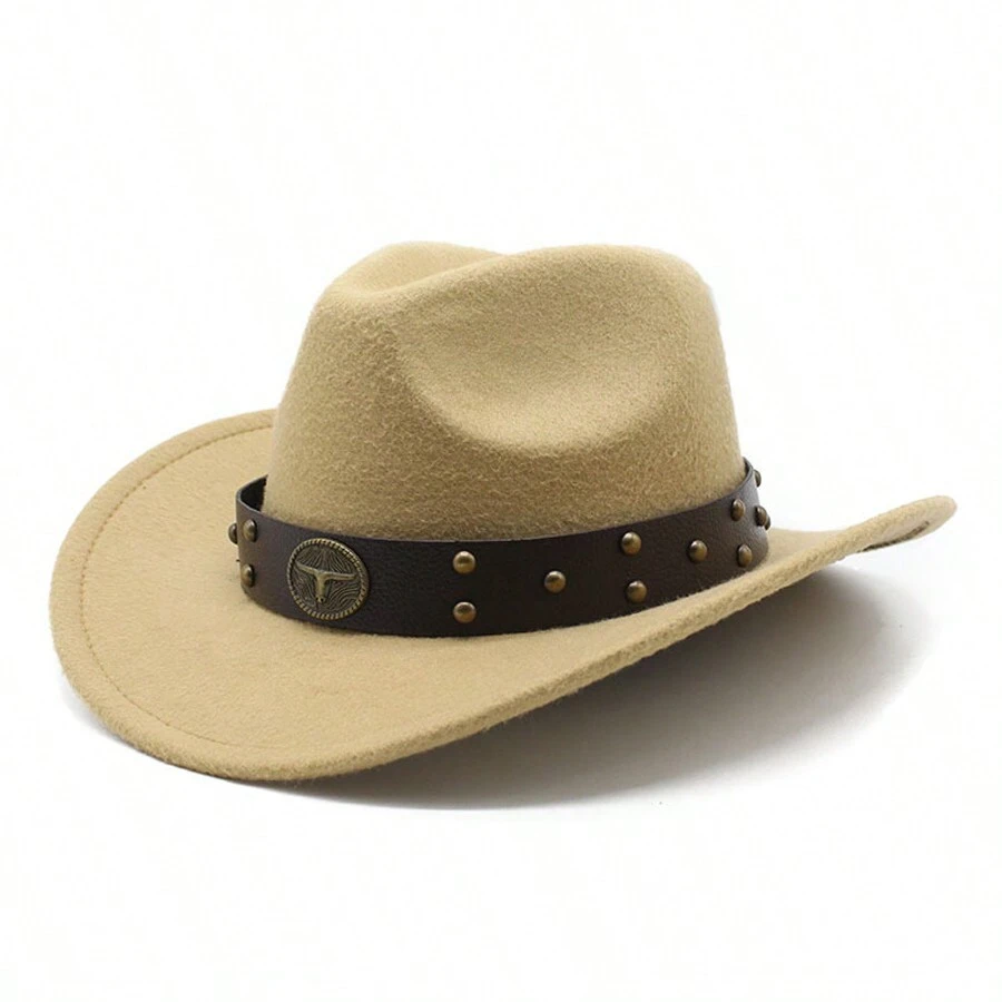 Cowboy Hat Fashion Chic Unisex Solid Color Jazz Hat With Bull Shaped Decor Western Cowboy Hats - Camel - View 1