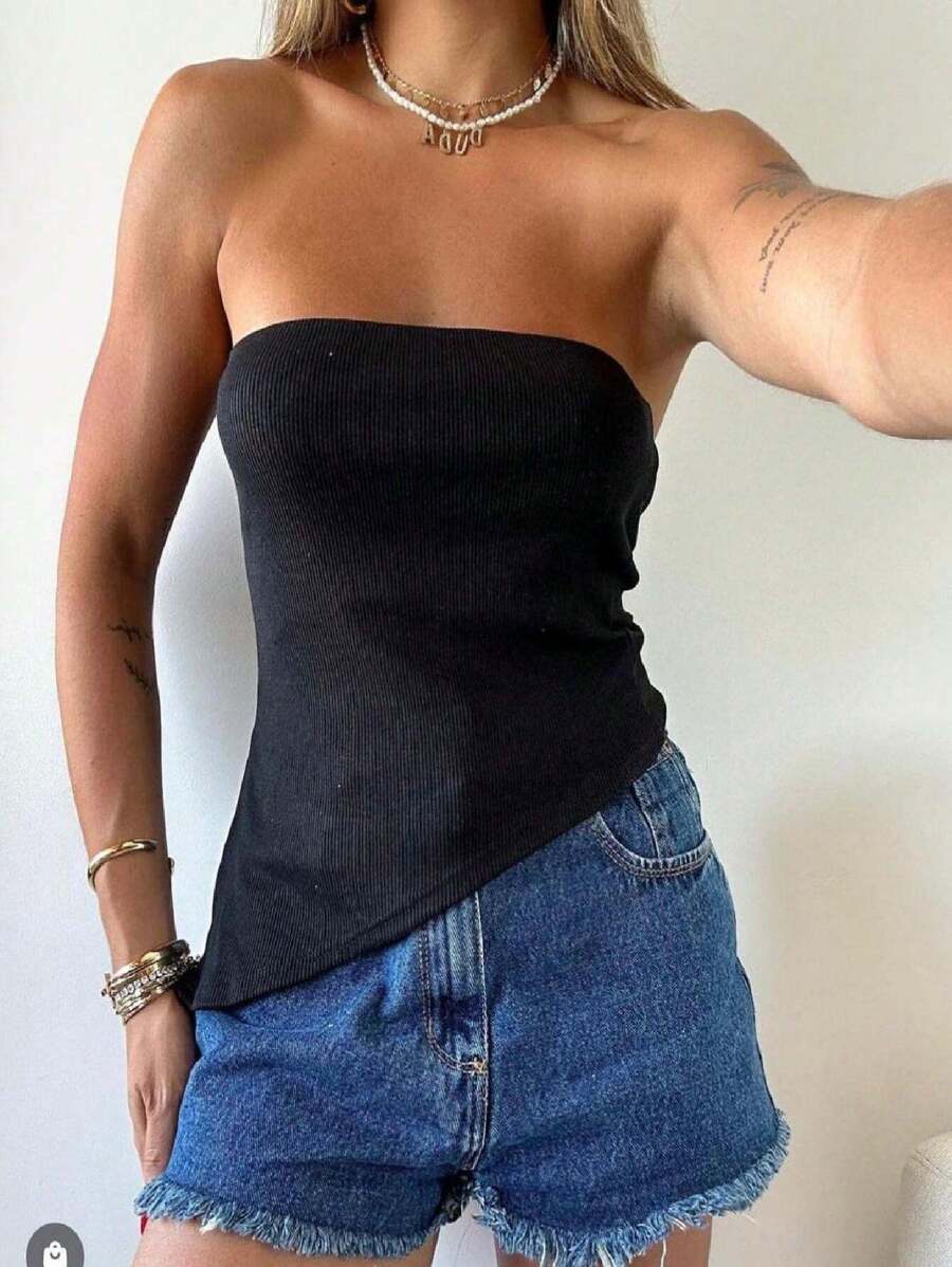 Blusa Sin Tirantes Con Corte Diagonal - Negro - Ver 1