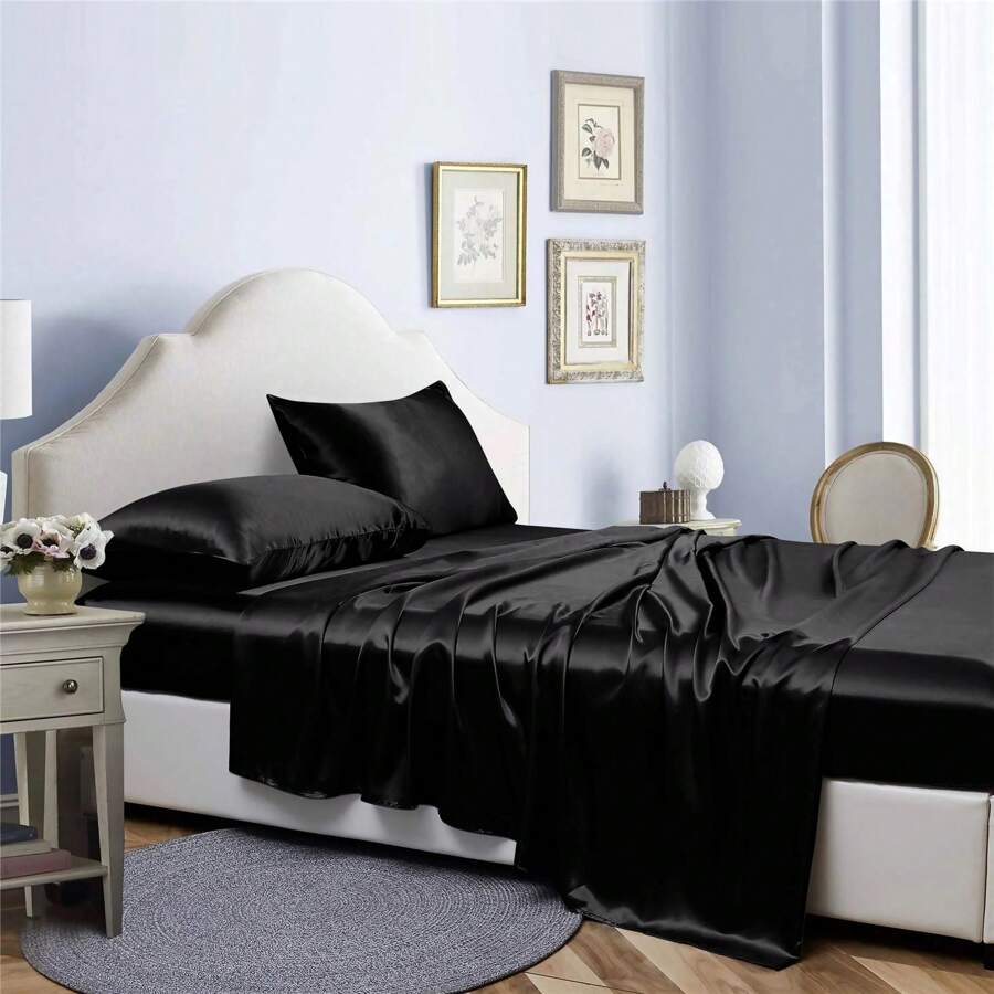 Bibb Home Silky Satin 4 Piece Sheet Set - 黑色 - 查看 1