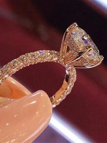 1件新款時尚圓形閃亮鑽石戒指,適合訂婚或求婚 - 玫瑰金 - 查看 2