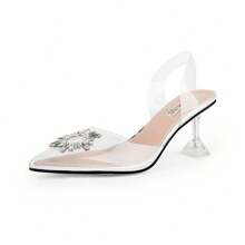 ISNOM Clear Heels Shoes for Women, Crystal Rhinestones Slingback Wedding Shoes Pointed Toe High Heel Sandals - 銀色 - 查看 2