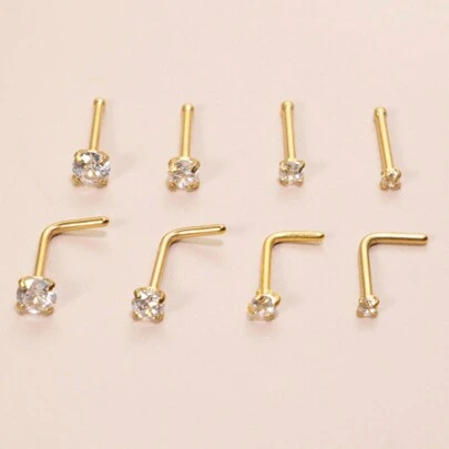 8pcs/set Stainless Steel Cubic Zirconia Decor L Shape Nose Rings & Bone Nose Studs For Women Men Girls,  Fashion Nose Studs Nose Piercings Gift