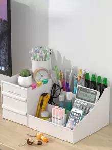 1 件桌面收纳盒透明化妆品整理器办公桌收纳架学习用品收纳篮房间装饰家居装饰浴室收纳整理文具分配器化妆品配件收纳柜海关瓶罐适用于护肤品香水口红眼影面膜彩妆眼霜化妆刷铅笔橡胶回形针订书机夹返校季浴室梳妆台宿舍学生女士礼物，适用于假日海滩、浴室收藏、卧室收藏，大容量 - 白色 - 查看 4