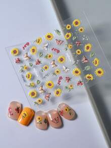 1pc 5d Embossed Waterproof Nail Art Stickers With Sunflower & Butterfly Patterns, Yellow Series - Multicolor - View 8