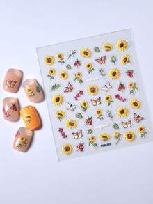 1pc 5d Embossed Waterproof Nail Art Stickers With Sunflower & Butterfly Patterns, Yellow Series - Multicolor - View 6